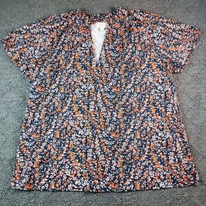 LOFT Women's Small Navy Blue Orange Ditsy Floral Split Neck Ruffle Blouse